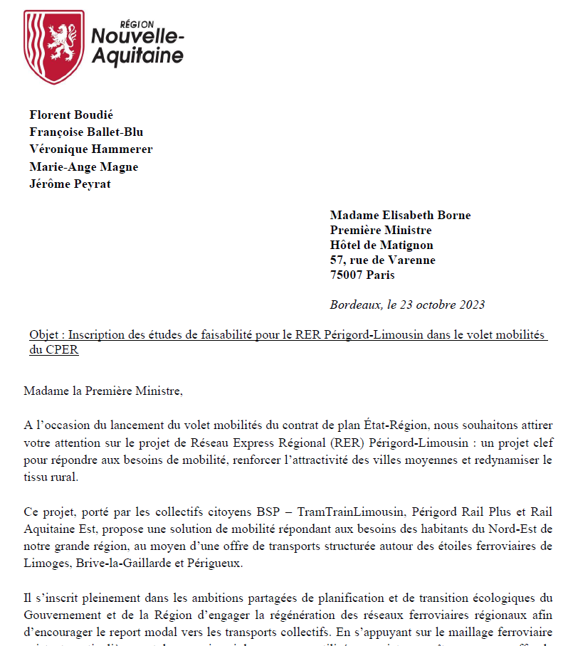 Courrier demandant l'inscription des études de faisabilité pour le RER Périgord-Limousin dans le volet mobilités du CPER (Contrat de Plan Etat-Région).